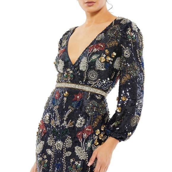 NWT Mac Duggal Embellished Wrap Over Bishop Sleeve Gown Midnight Multi Size 10 - Picture 2 of 11